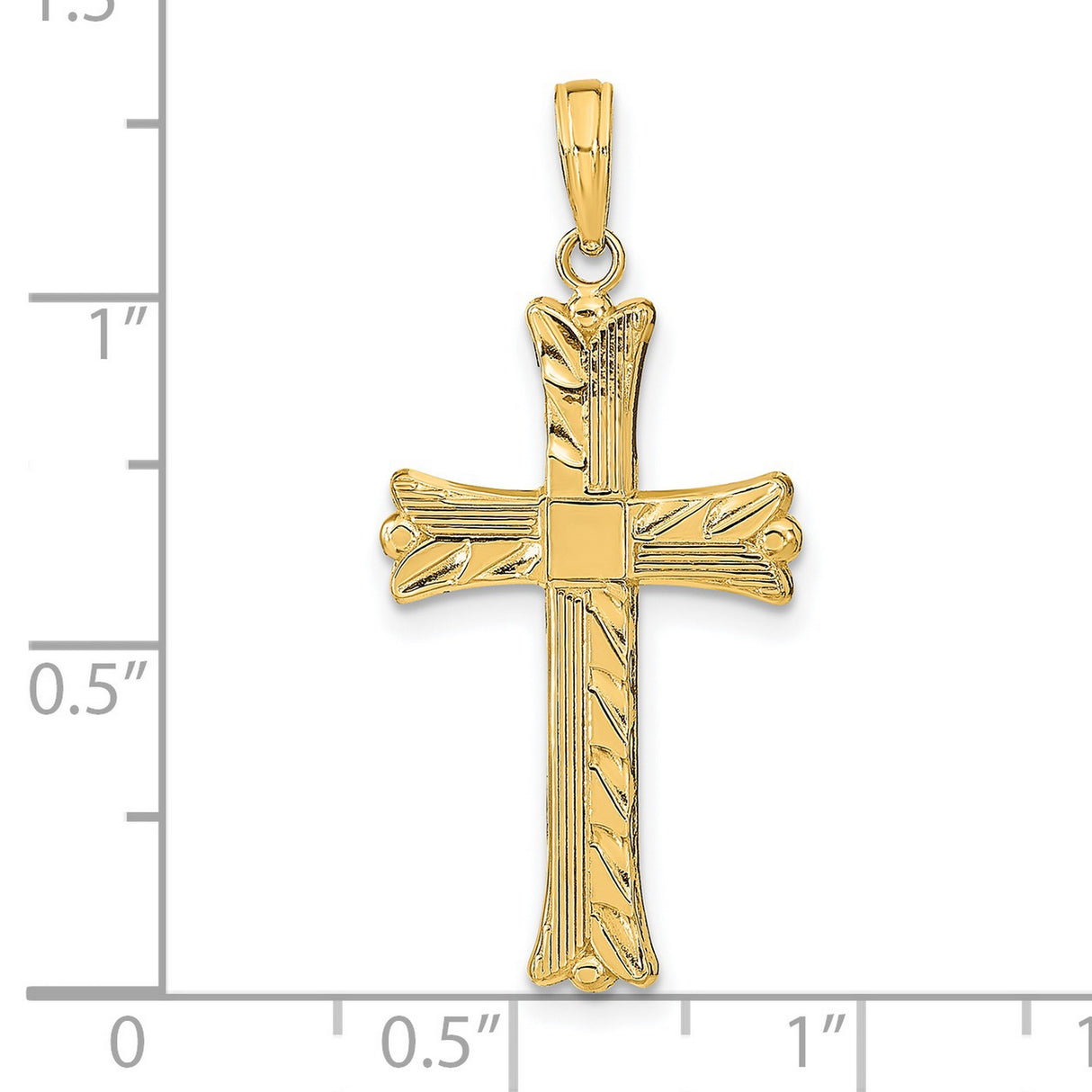 14k Yellow Gold Cross Pendant with Carved Leaf Texture and Rope Design