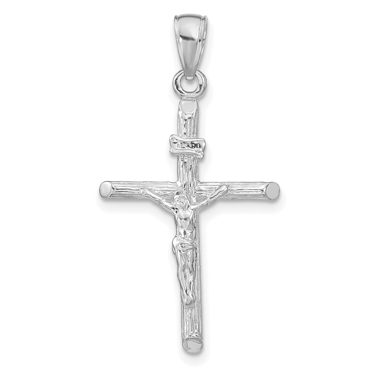 14k White Gold Crucifix Cross Pendant with INRI Symbol, Textured Religious Design