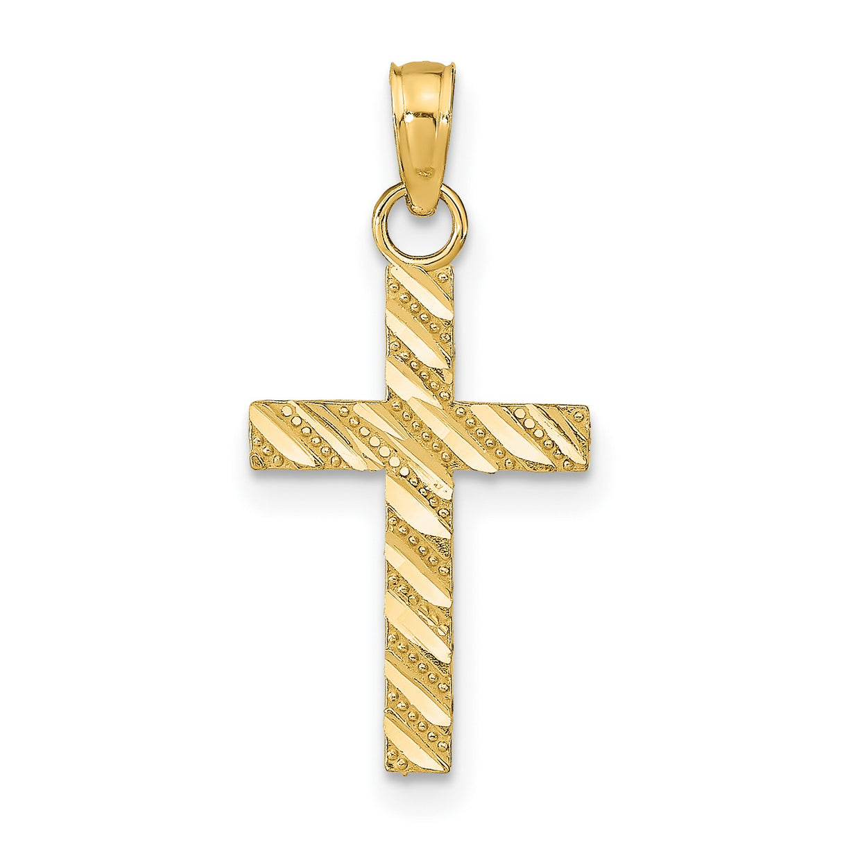 14k Yellow Gold Cross Pendant with High Polish Finish and Modern Striped Design