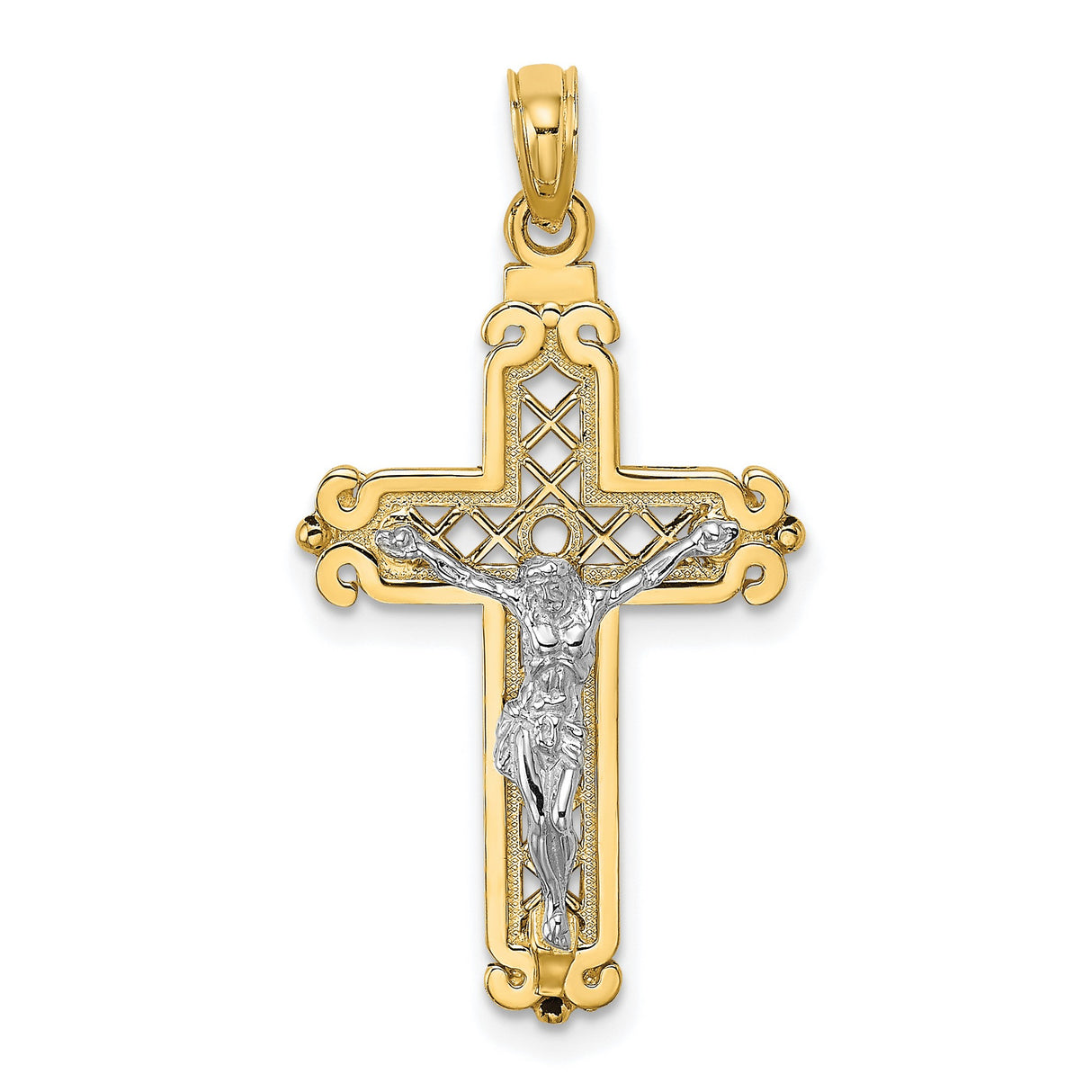 14k Multi-Tone Gold Crucifix Cross Pendant with Jesus Figure, Religious Christian Charm