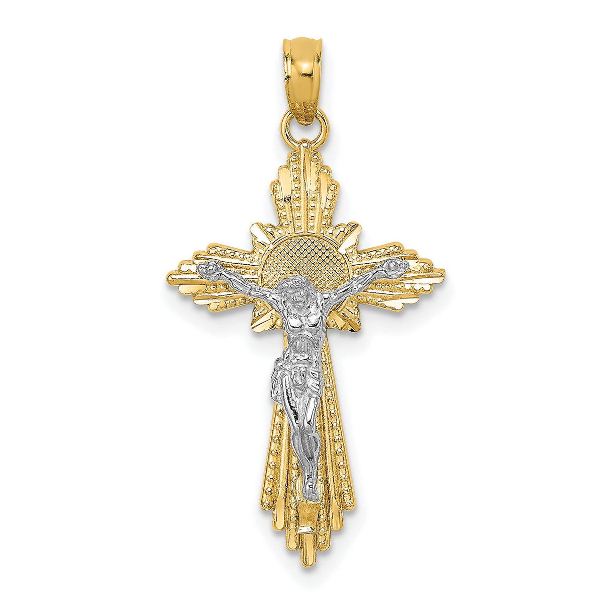14k Yellow and White Gold Crucifix Pendant with Textured Jesus and Sunburst Detail