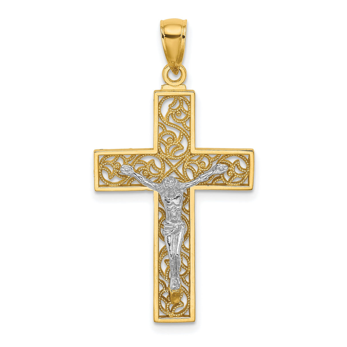 14k Multi-Tone Gold Crucifix Cross Pendant with Jesus Figure and Filigree Detail