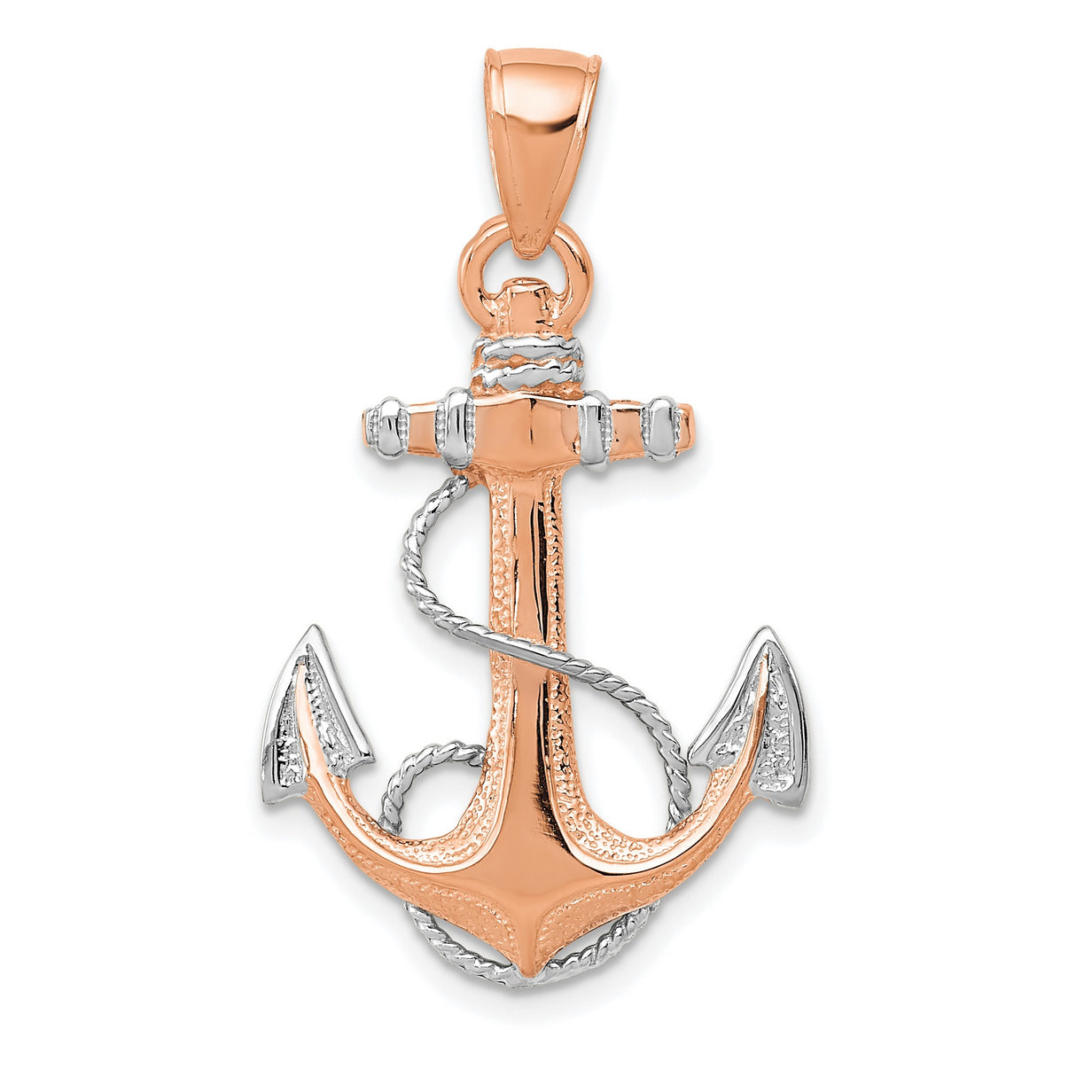 14k Rose Gold Anchor Pendant with White Gold Rope Accent, Nautical Theme