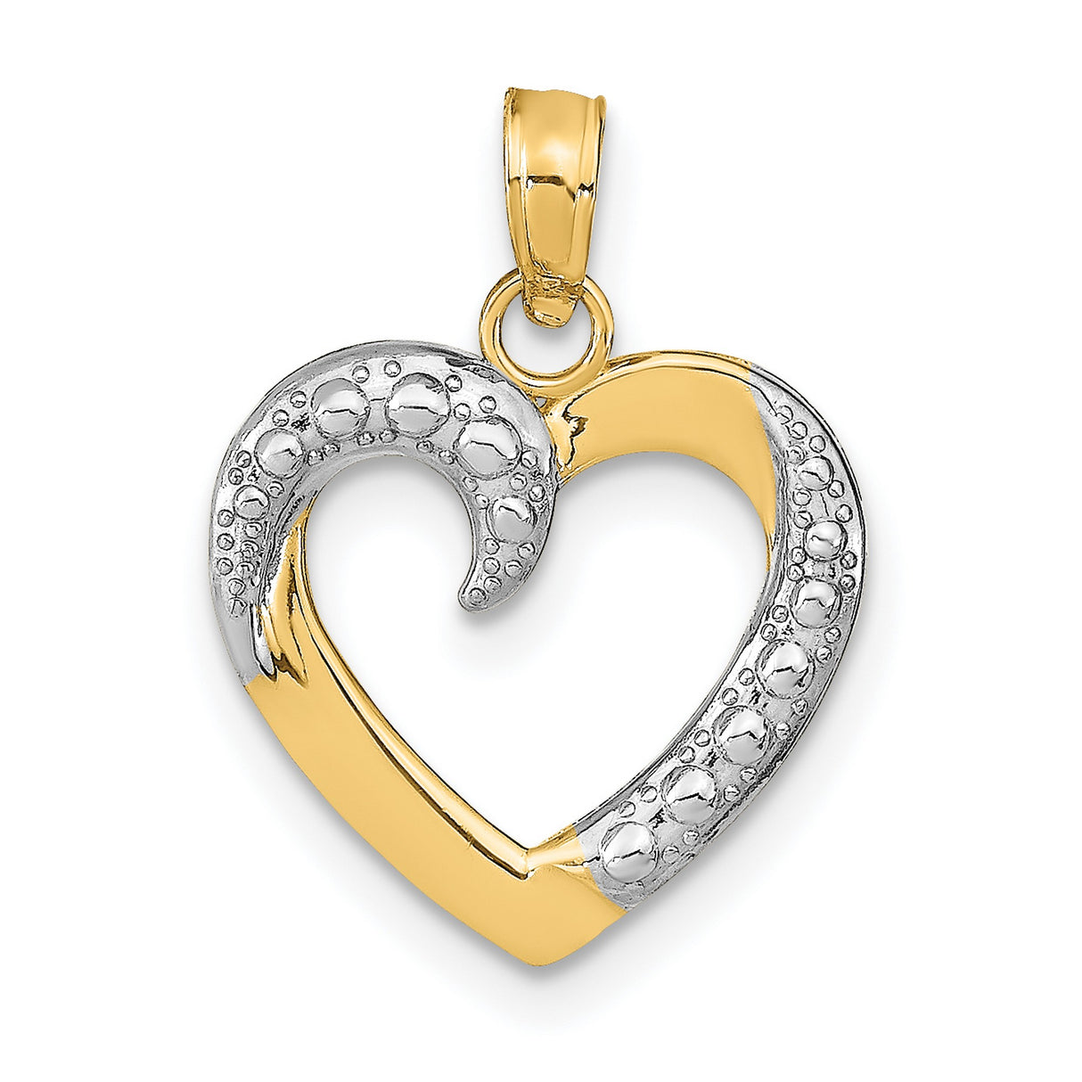 14k Multi-Tone Gold Open Heart Pendant, Two-Tone Textured Charm with Bubble Detail