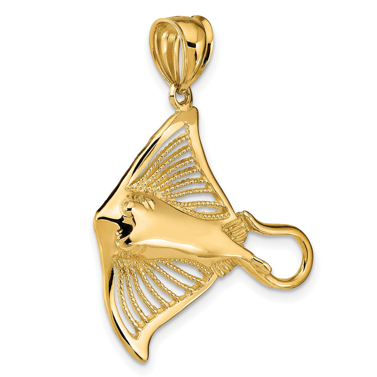 14k Yellow Gold Stingray Pendant with Cutout Wings and Textured Finish, Unisex Ocean Theme Charm
