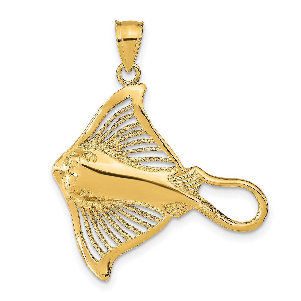 14k Yellow Gold Stingray Pendant with Cutout Wings and Textured Finish, Unisex Ocean Theme Charm