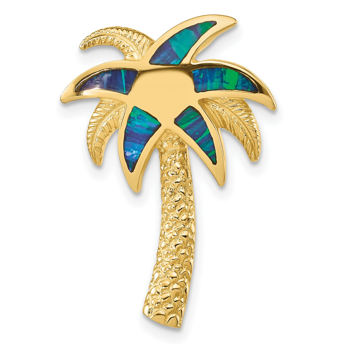 14k Yellow Gold Palm Tree Pendant with Blue Green Opal Inlays, Tropical Beach Charm