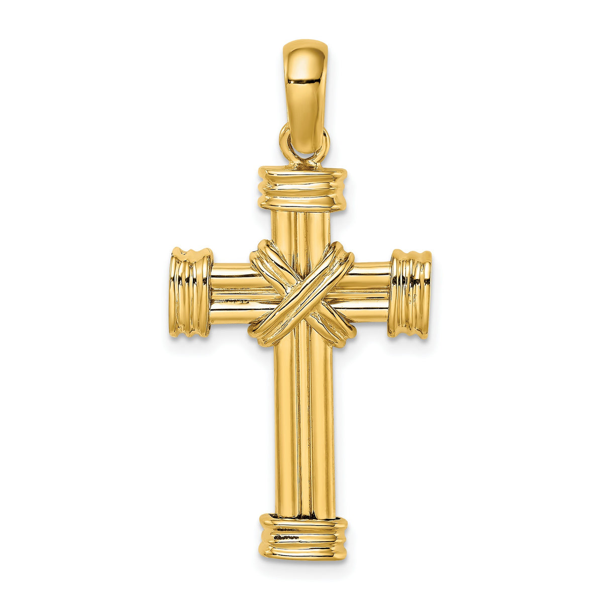 14k Yellow Gold Cross Pendant with Textured Rope Detail, Religious Faith Charm for Men and Women