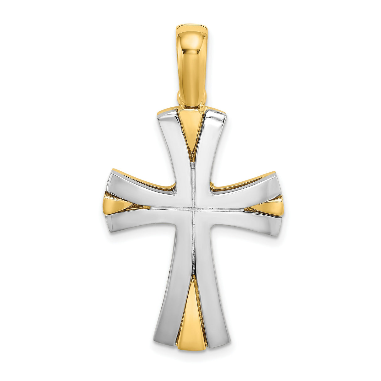 14k Two-Tone Gold Cross Pendant with Flared Design and Polished Silver Accents