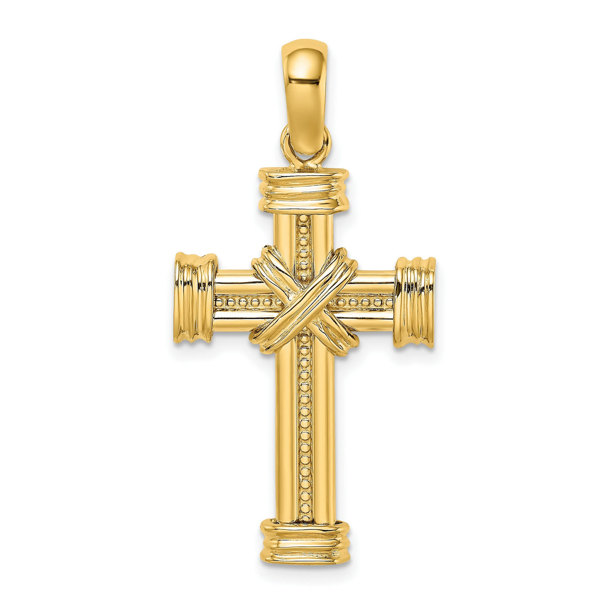 14k Yellow Gold Cross Pendant with Twisted Rope Detail and Crisscross Center Design