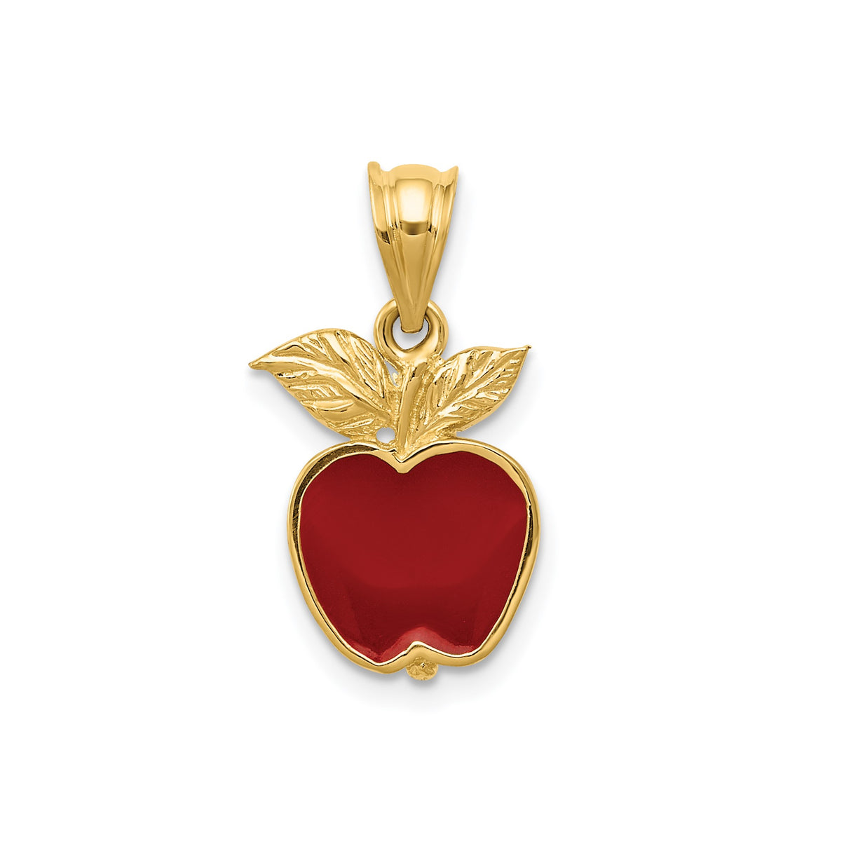 14k Yellow Gold Apple Pendant with Red Enamel and Gold Leaf Detail, Teacher Jewelry