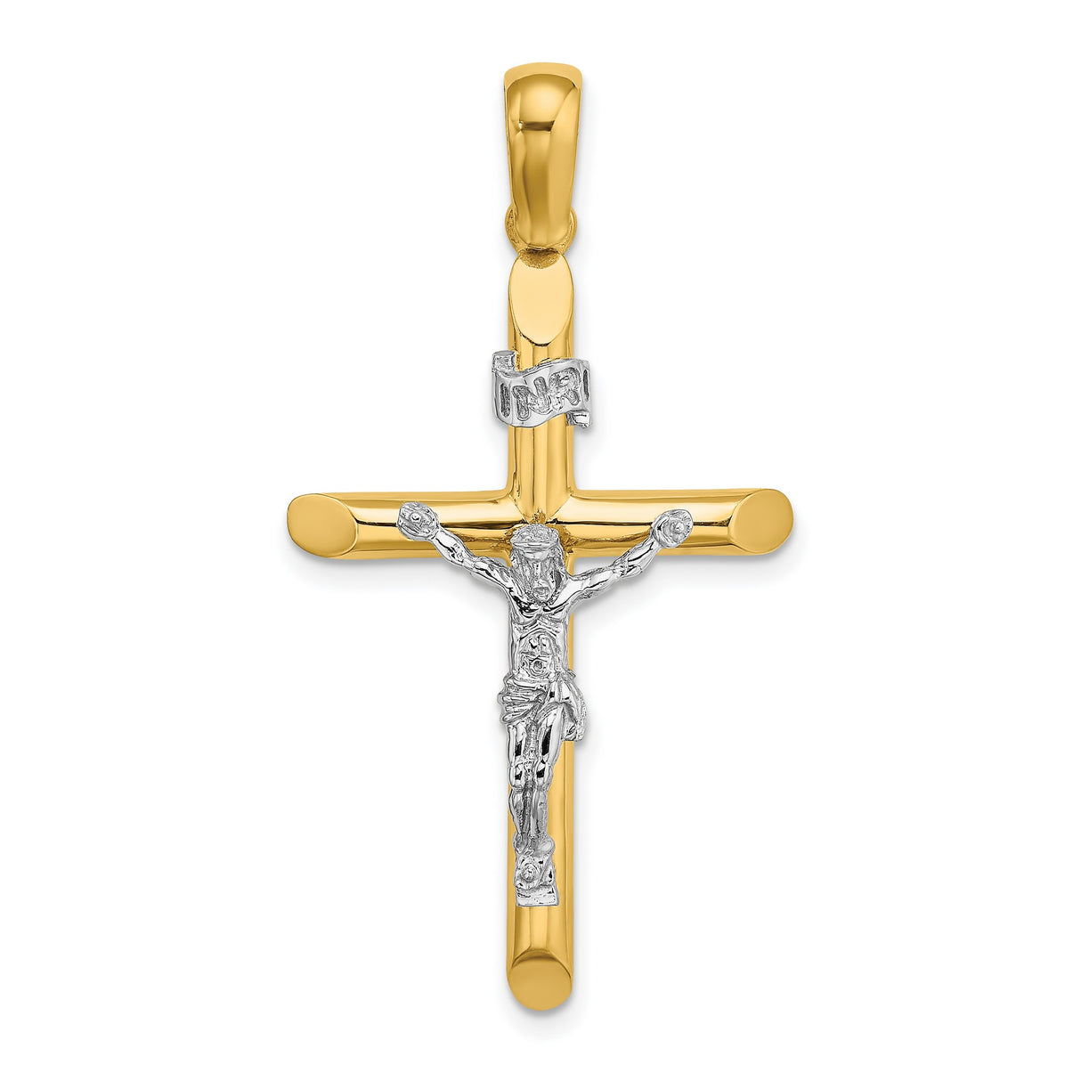 14k Two-Tone Gold Crucifix Cross Pendant with Jesus INRI Detail for Men and Women