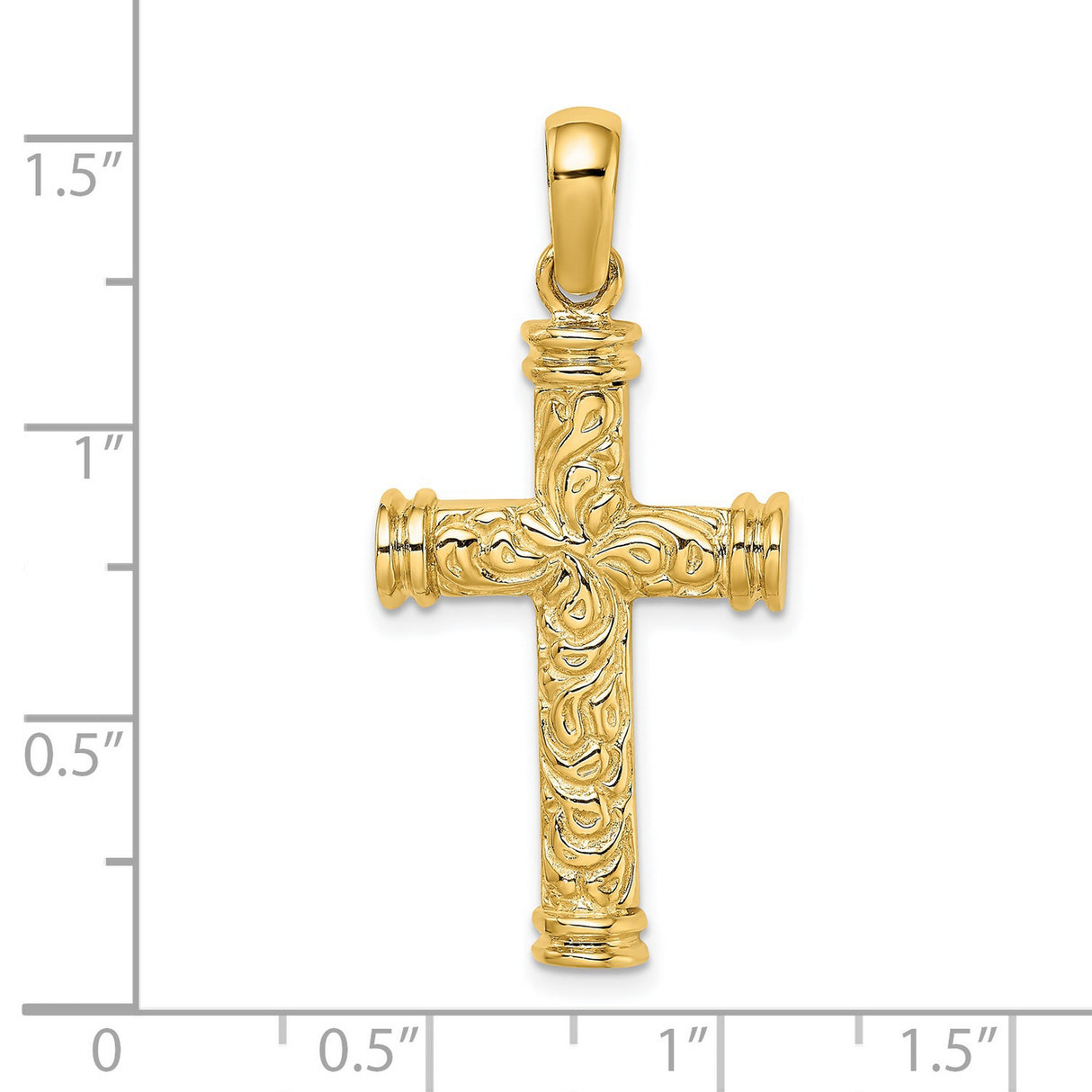 14k Yellow Gold Cross Pendant with Ornate Scroll Design and Polished Finish