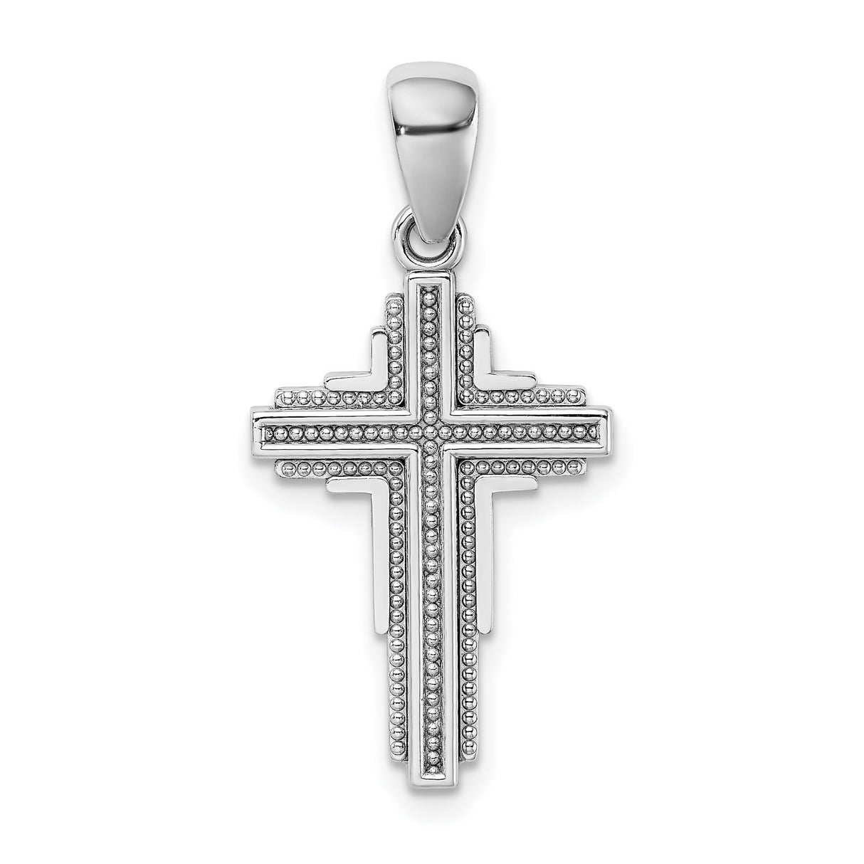14k White Gold Cross Pendant with Raised Beaded Detail, Modern Geometric Design for Men and Women