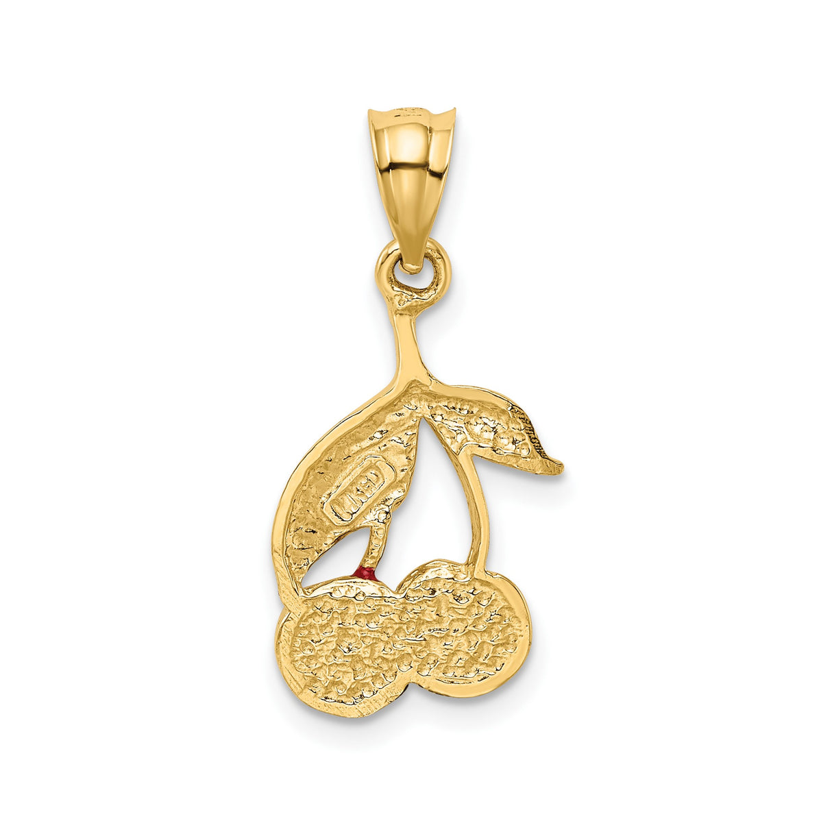 14k Yellow Gold Cherry Pendant with Red Enamel and Gold Leaf Detail, Playful Fruit Charm