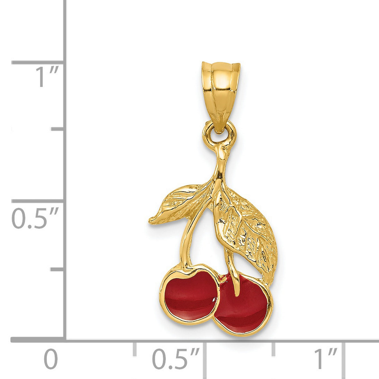14k Yellow Gold Cherry Pendant with Red Enamel and Gold Leaf Detail, Playful Fruit Charm