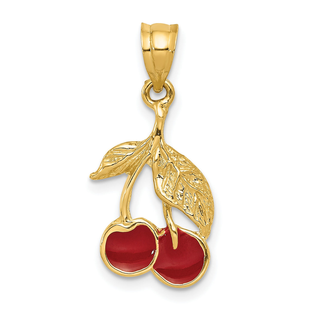 14k Yellow Gold Cherry Pendant with Red Enamel and Gold Leaf Detail, Playful Fruit Charm
