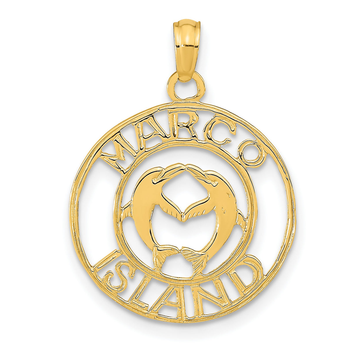 14k Yellow Gold Dolphin Heart Pendant with Marco Island Text and Nautical Design