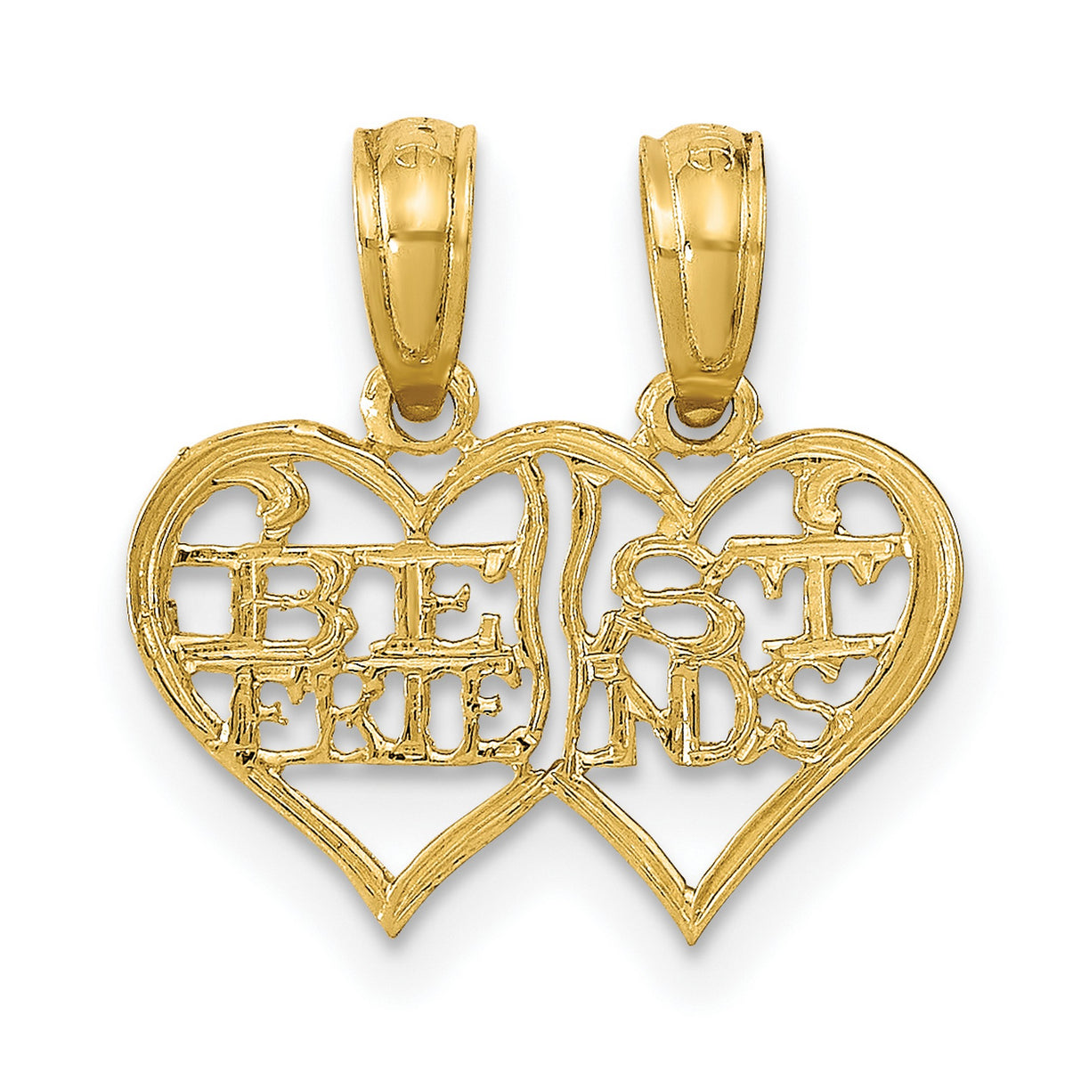 14k Yellow Gold Split Heart Pendant, Openwork Design with Friends Engraving
