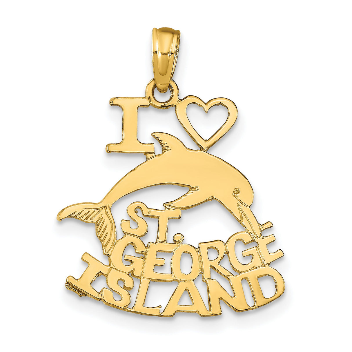 I HEART Saint GEORGE ISLAND with Dolphin Charm Pendant in Real 14k Yellow Gold