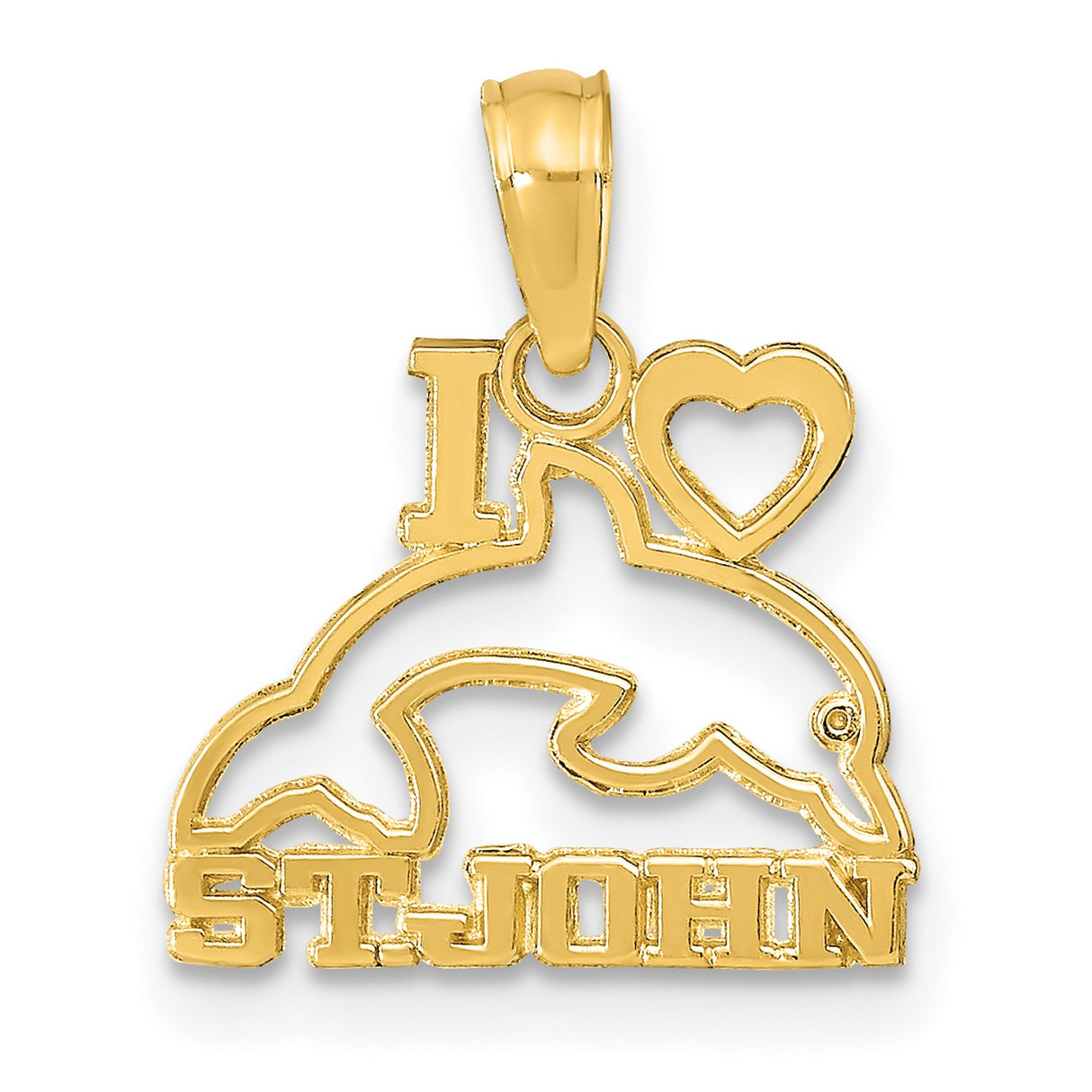 14k Yellow Gold Dolphin Pendant with I Love St John Design, Nautical Charm for Women or Unisex Wear