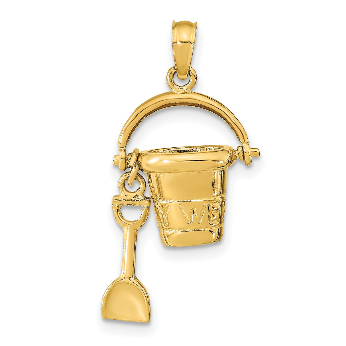 14k Yellow Gold Beach Bucket and Shovel Charm Pendant, Nautical Coastal Design