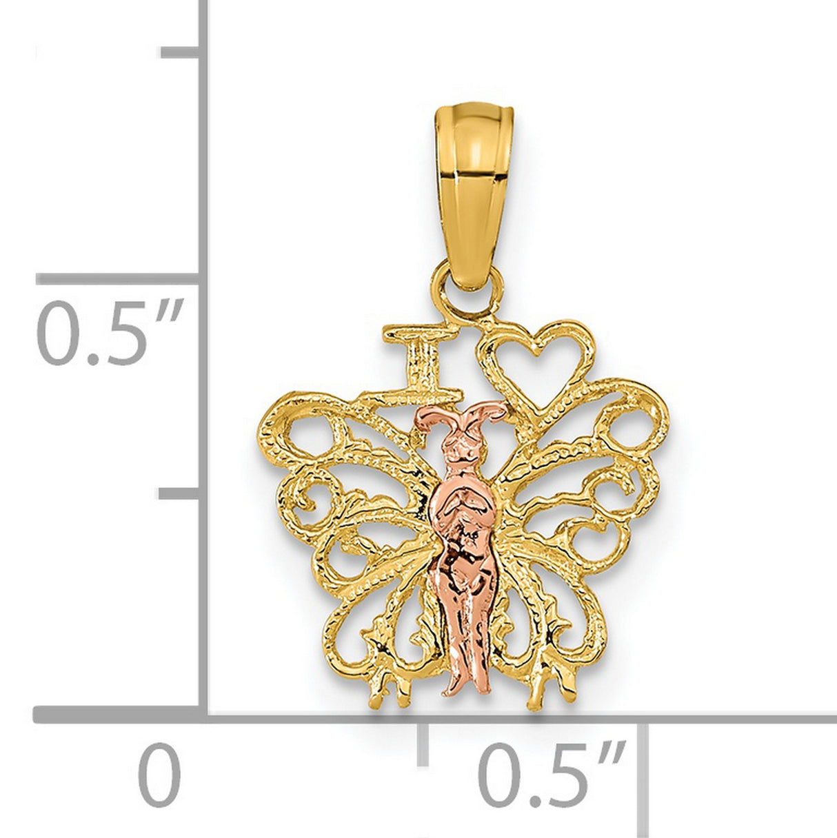 14k Two-Tone Gold Butterfly Pendant with Rose Gold Female Figure and Heart Charm