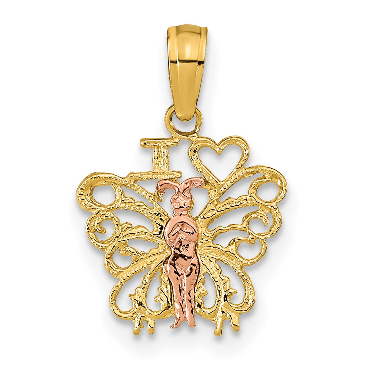 14k Two-Tone Gold Butterfly Pendant with Rose Gold Female Figure and Heart Charm