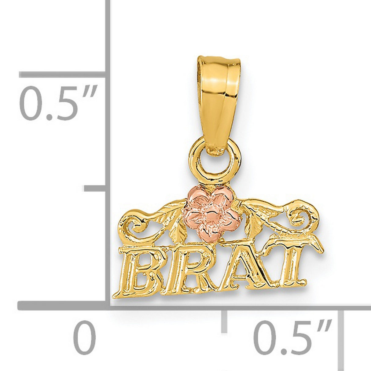 14k Two-Tone Gold Brat Pendant with Rose Accent and Floral Design, Bold Script Letter Charm