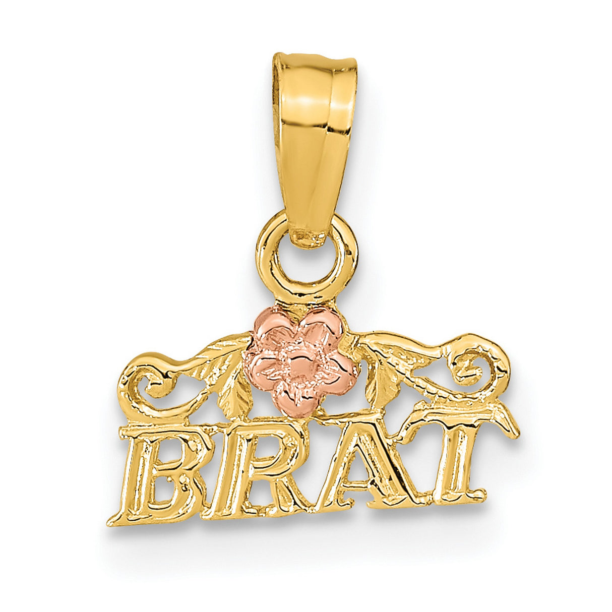 14k Two-Tone Gold Brat Pendant with Rose Accent and Floral Design, Bold Script Letter Charm
