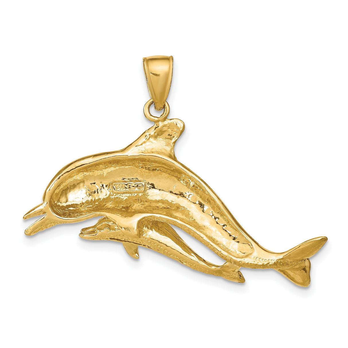 14k Yellow Gold Dolphin Pendant with Mother and Baby Design, Marine Life Charm for Women