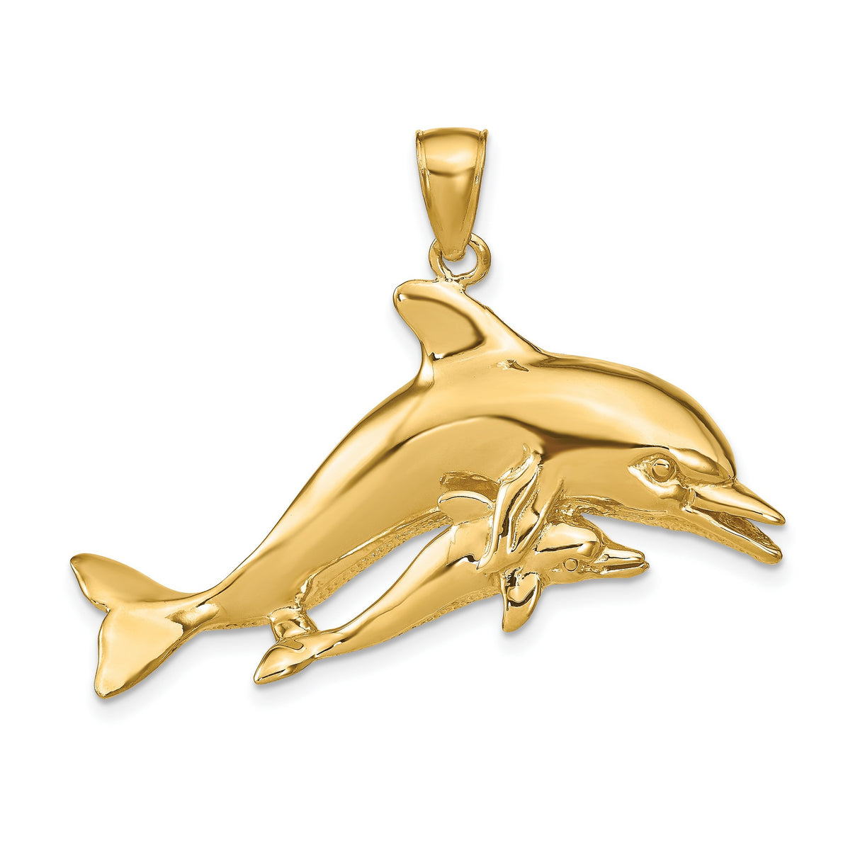 14k Yellow Gold Dolphin Pendant with Mother and Baby Design, Marine Life Charm for Women