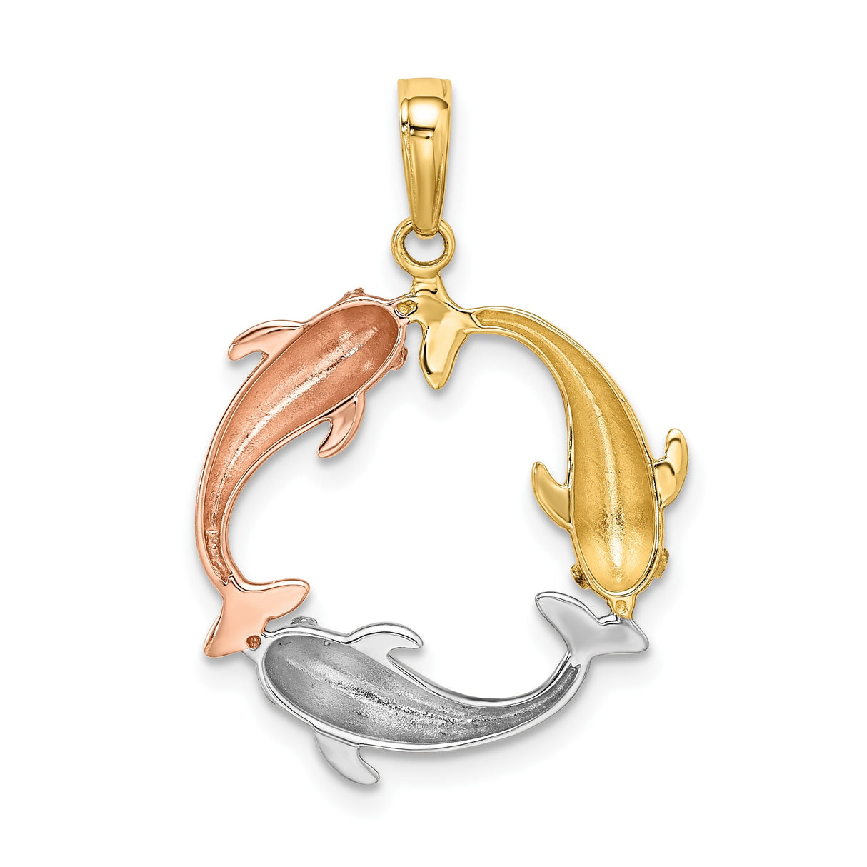 14k Tri-Color Gold Dolphin Circle Pendant, Intertwined Marine Design for Women