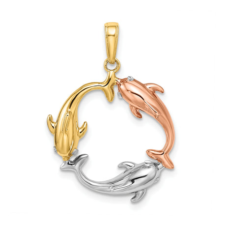 14k Tri-Color Gold Dolphin Circle Pendant, Intertwined Marine Design for Women
