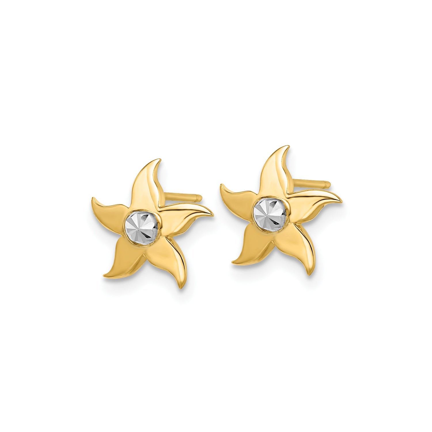 14k Yellow Gold Flower Stud Earrings with Rhodium Center, Five Petal Design, Lightweight and Feminine