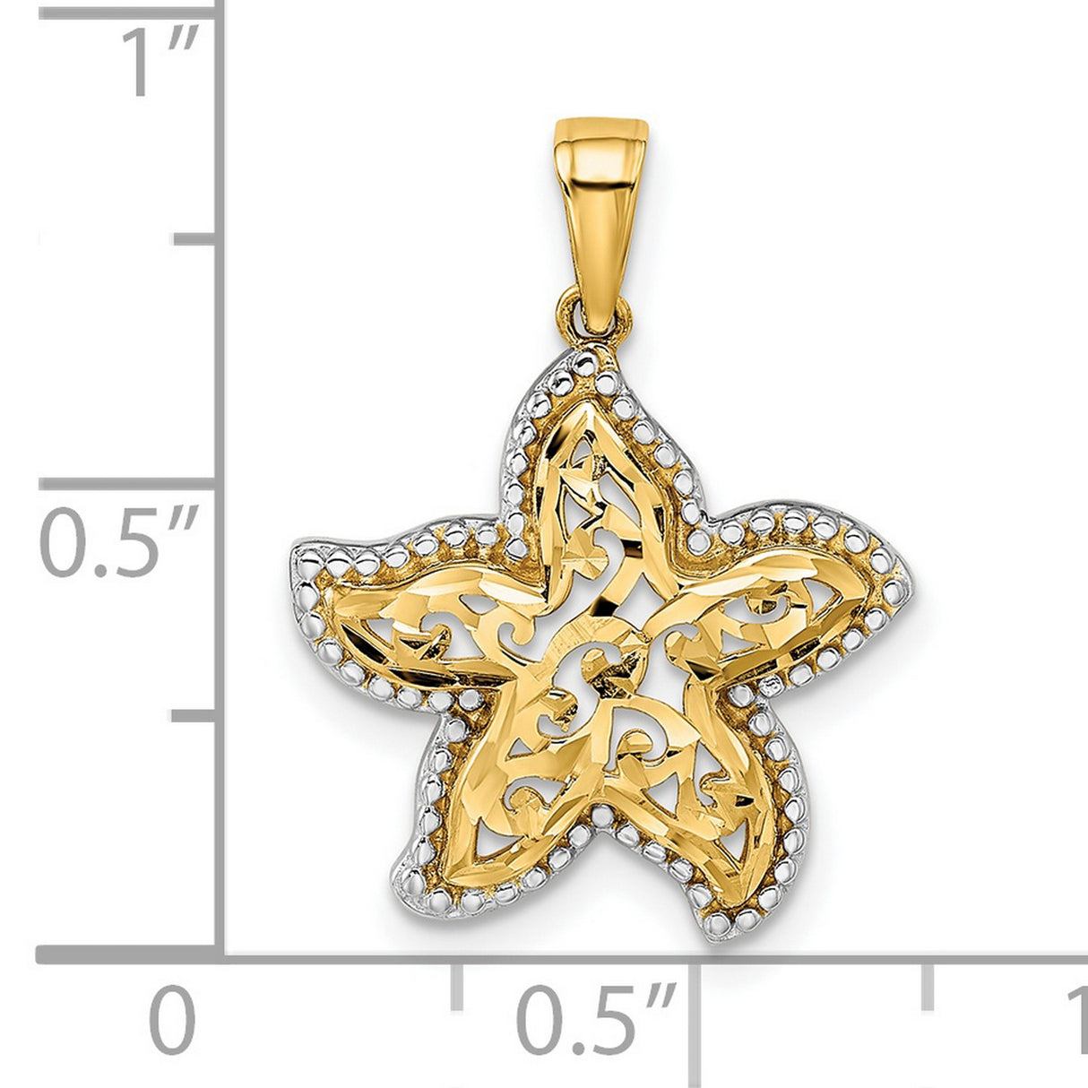 14k Yellow Gold and Rhodium Starfish Pendant, Openwork Filigree Nautical Charm for Women