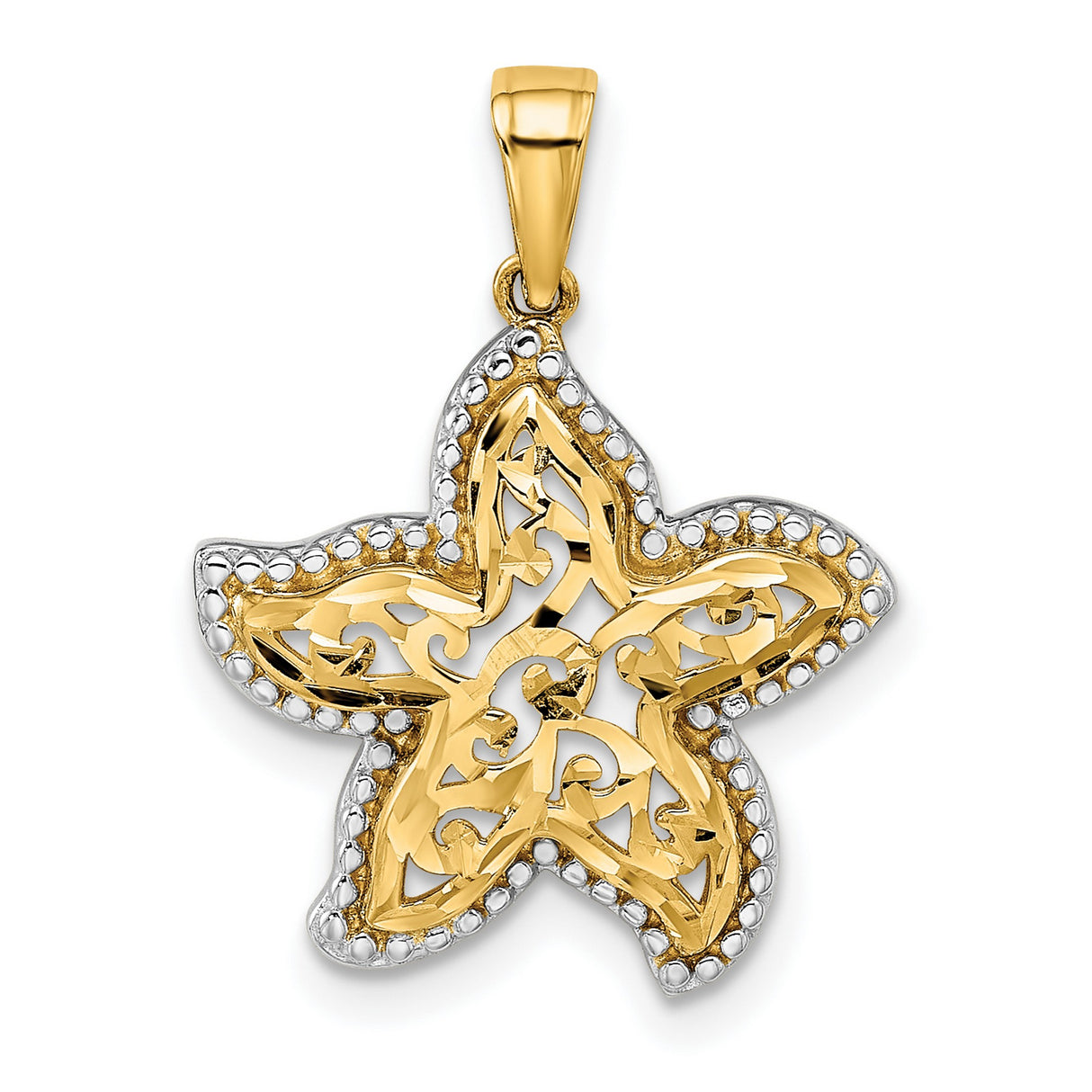 14k Yellow Gold and Rhodium Starfish Pendant, Openwork Filigree Nautical Charm for Women