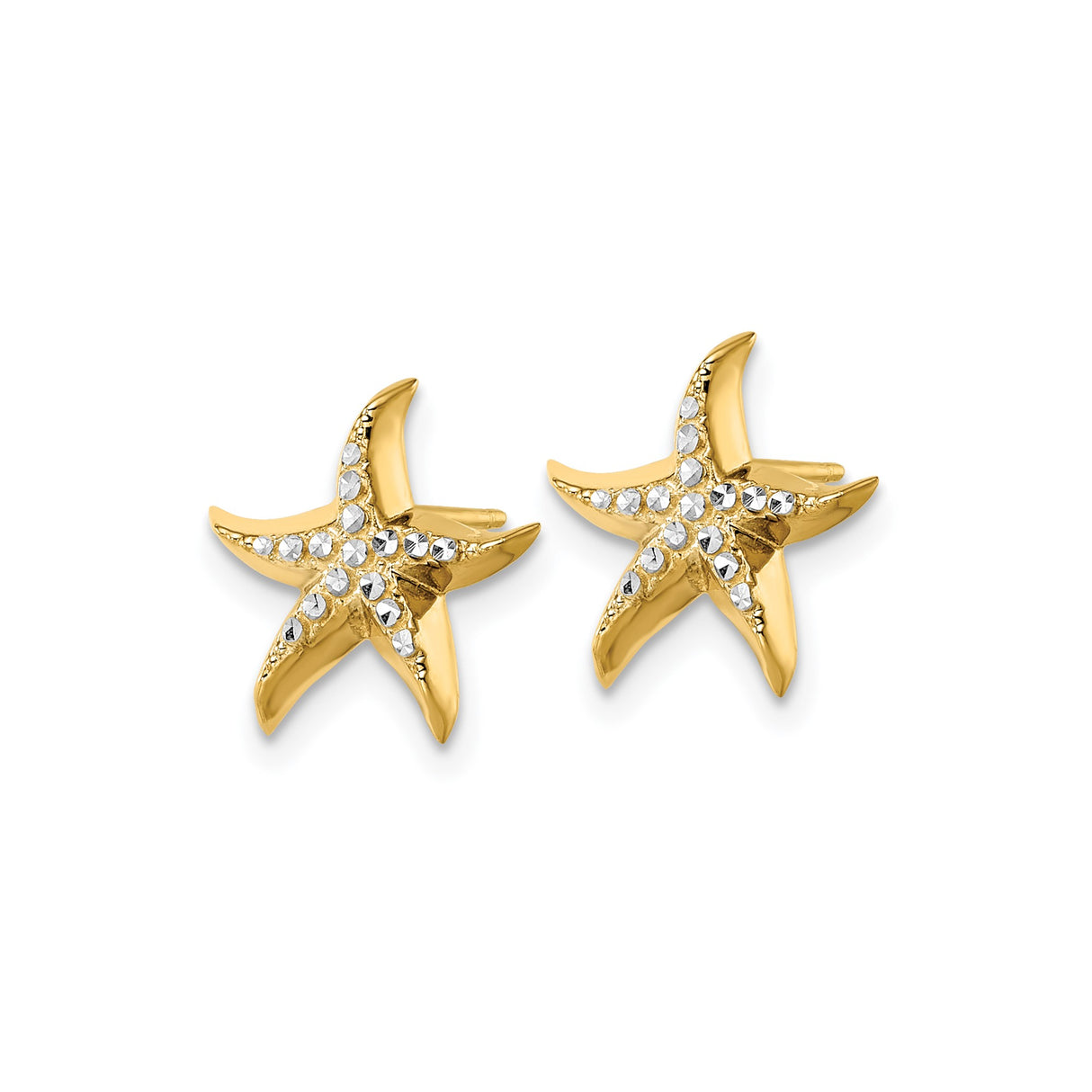 14k Yellow Gold Starfish Stud Earrings with Rhodium and Diamond Cut Detailing, Nautical Theme