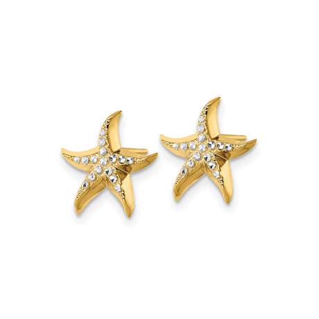 14k Yellow Gold Starfish Stud Earrings with Rhodium and Diamond Cut Detailing, Nautical Theme