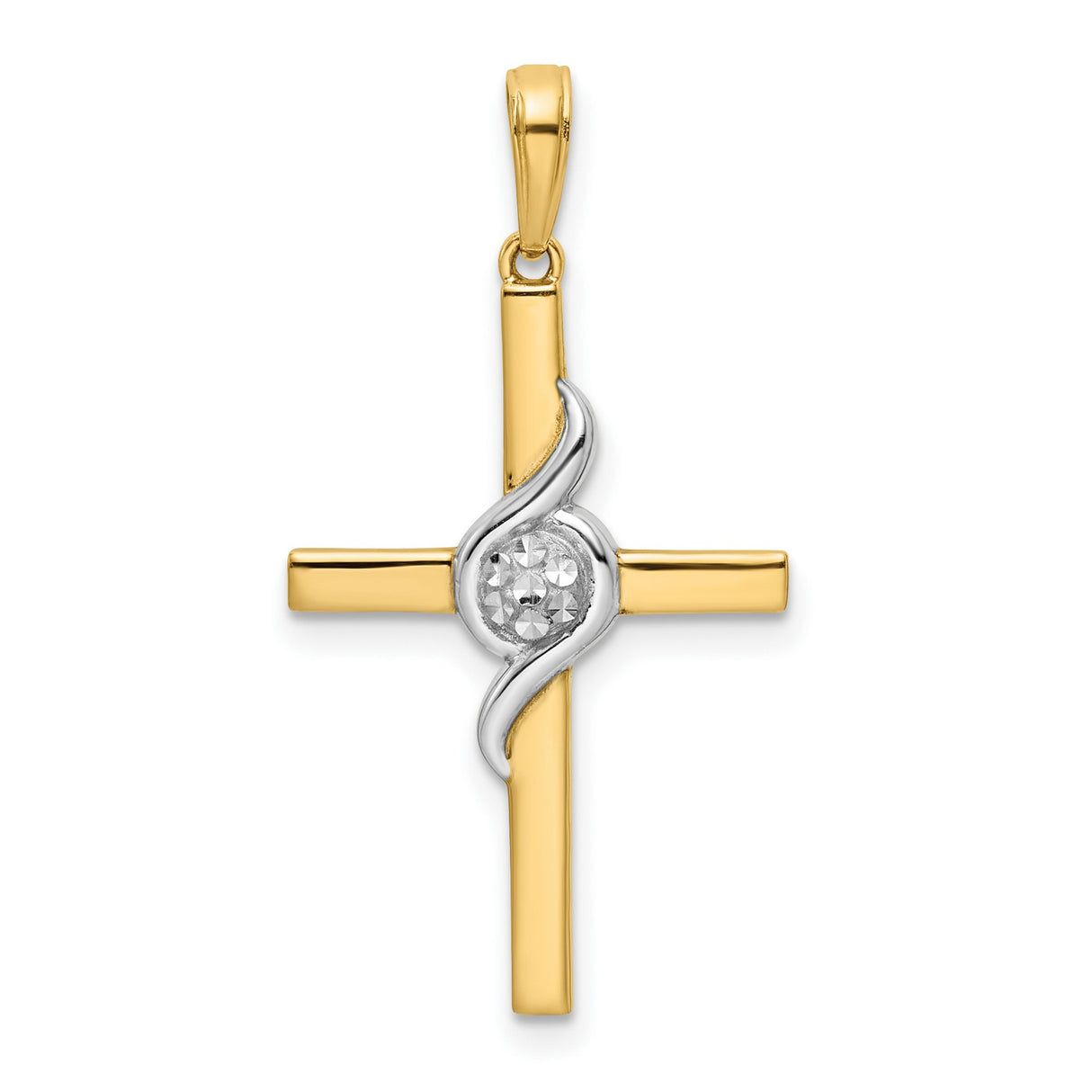 14k Multi-Tone Gold Cross Pendant with Diamond Cut Detail, High Polish Religious Charm