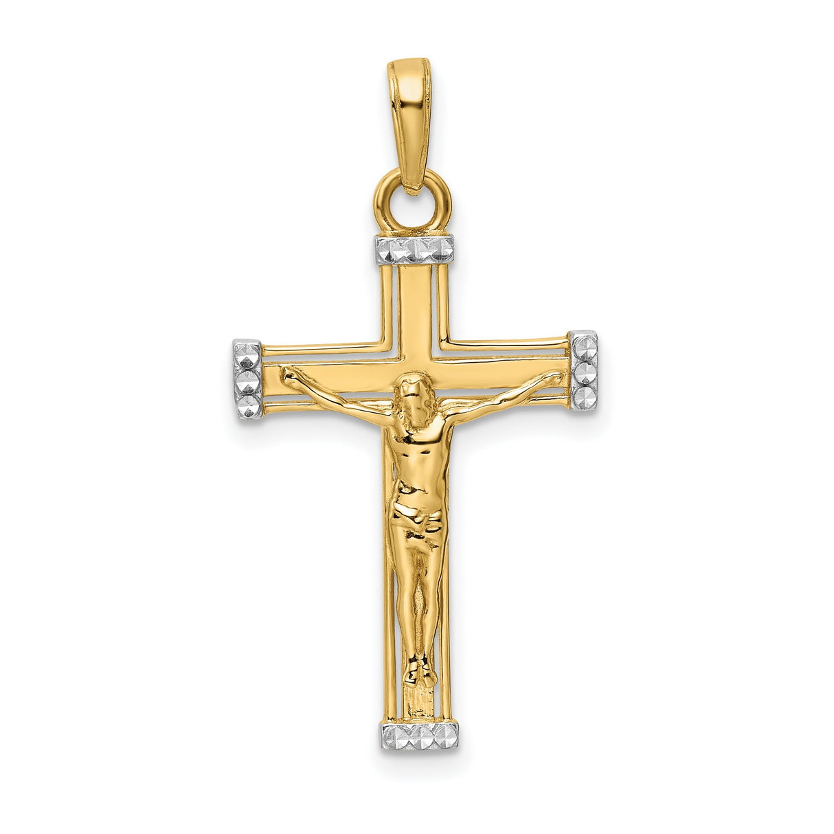 14k Multi-Tone Gold Crucifix Cross Pendant with High Polish and Diamond-Cut Details
