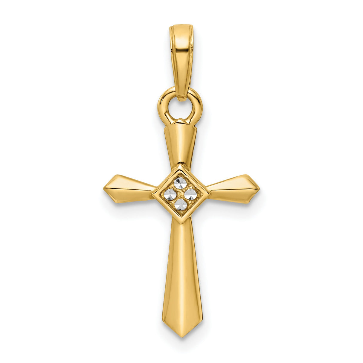 14k Multi-Tone Gold Cross Pendant with Polished Beveled Design, Unisex Religious Charm