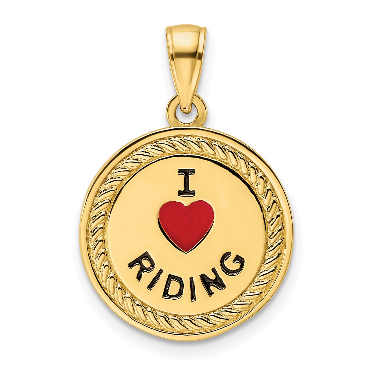 14k Yellow Gold Pendant with Red Heart and I Love Riding Message, Western Style Charm