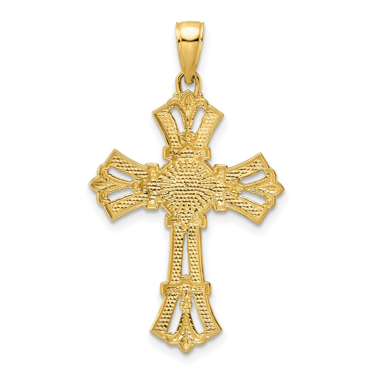 14k Yellow Gold Cross Pendant with Filigree Sunburst and Cathedral Design