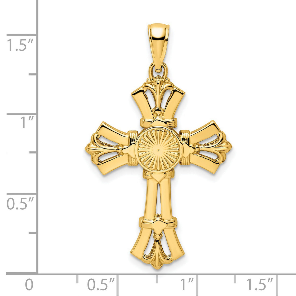14k Yellow Gold Cross Pendant with Filigree Sunburst and Cathedral Design