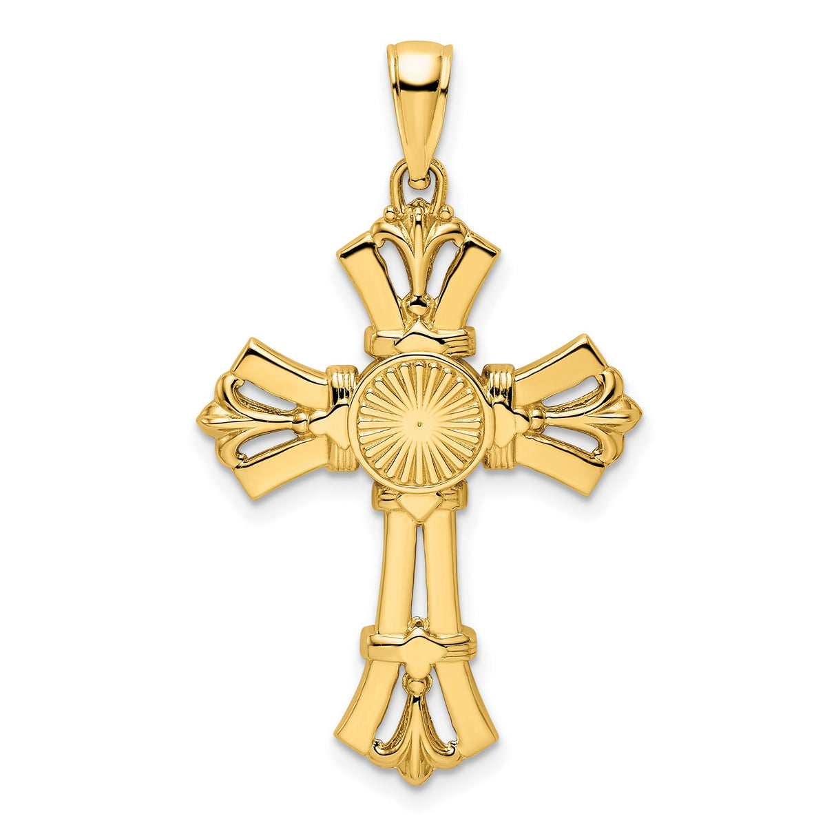 14k Yellow Gold Cross Pendant with Filigree Sunburst and Cathedral Design