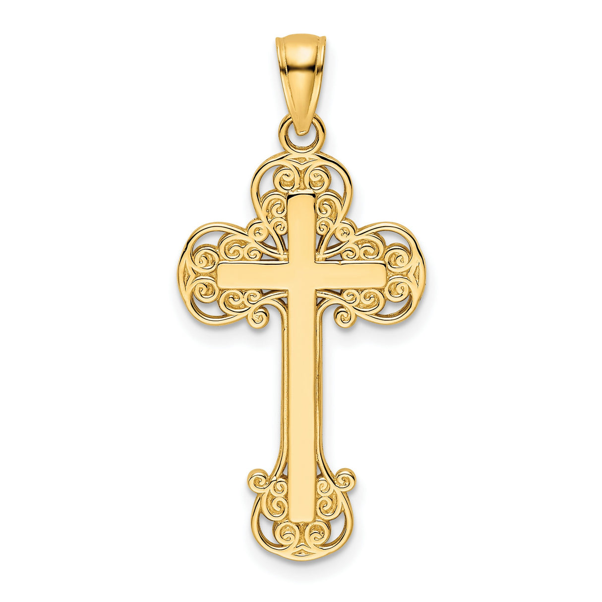 14k Yellow Gold Cross Pendant with Filigree Scrollwork Design for Men and Women