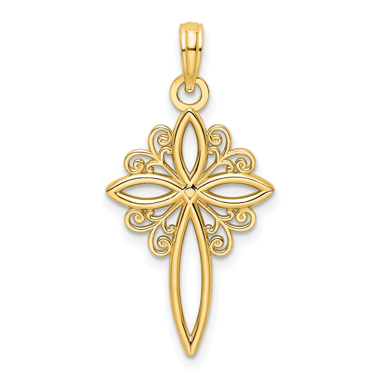 14k Yellow Gold Cross Pendant with Curved Design and Vintage Scrollwork for Men and Women