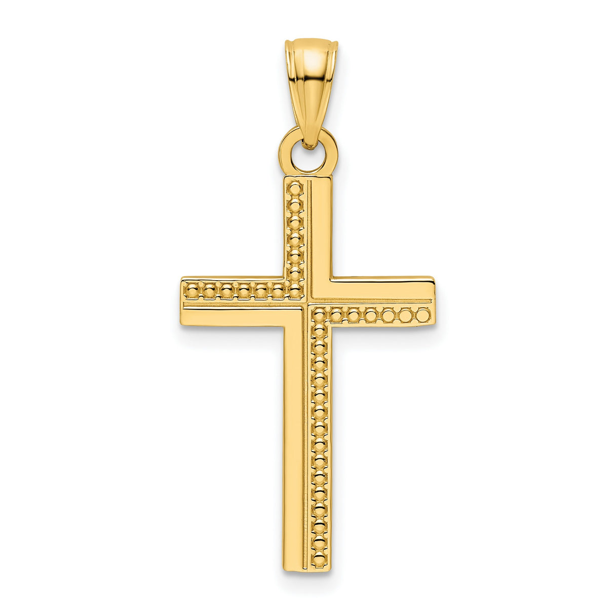 14k Yellow Gold Cross Pendant with Beaded Design, Polished Religious Jewelry for Men and Women