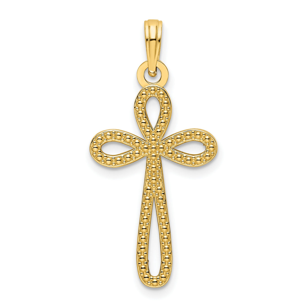 14k Yellow Gold Ankh Cross Pendant with Beaded Texture and Polished Open Design